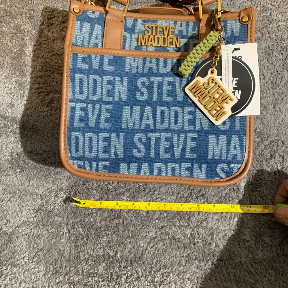 Steve Madden Womens Logo Print Denim Crossbody Bag Mini Tote Tan Blue NWT - Picture 7 of 9